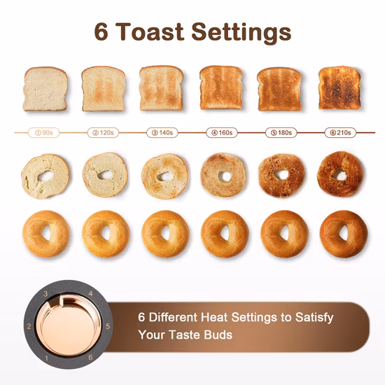 Hot Sale 6 Browning Settings Warming Rack Long Slot 4 Slice Toaster