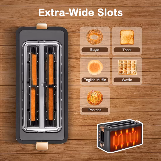 Hot Sale 6 Browning Settings Warming Rack Long Slot 4 Slice Toaster