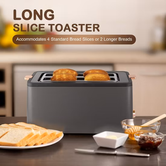Hot Sale 6 Browning Settings Warming Rack Long Slot 4 Slice Toaster