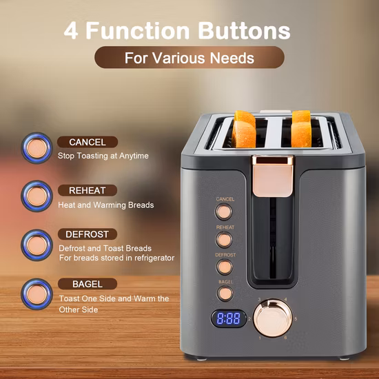 Vendita calda 6 impostazioni di doratura Griglia riscaldante Tostapane a 4 fette con slot lungo